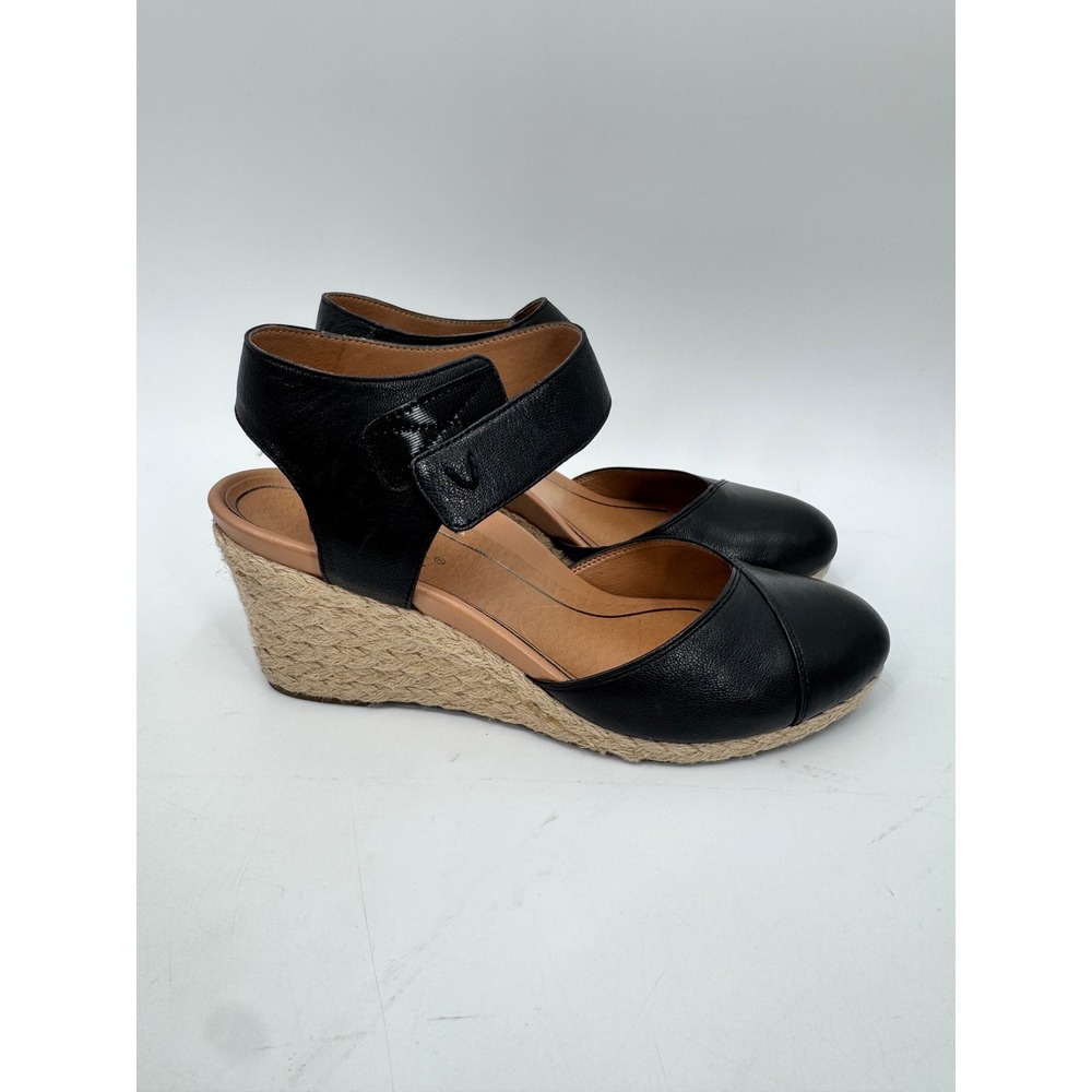 Vionic Loika Espadrille Wedges Women 9 Black Leather Ankle Strap Closed Toe
